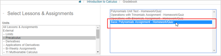 An activity is selected in the Activities list on the Gradebook search page.